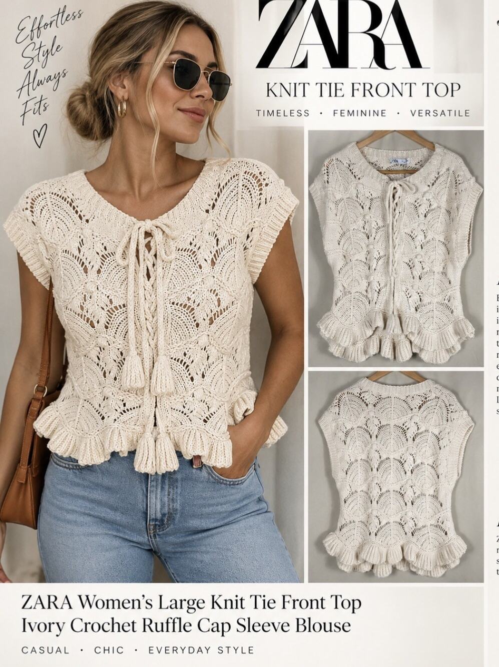 ZARA Women’s L Ivory Crochet Knit Tie Front Ruffle Hem Boho Cottagecore Top